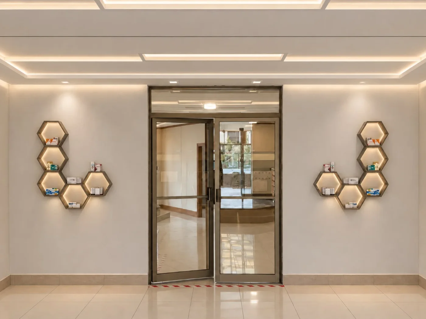 The lobby at Supreme Art: glass doors between two hexagon showcases of the cartons we print