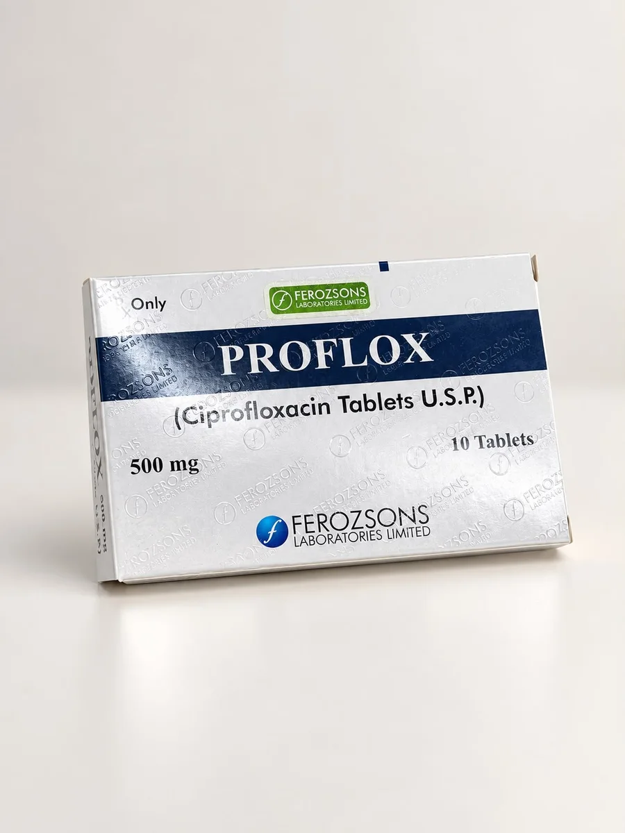 Proflox carton with a repeating Ferozsons security pattern embossed over the whole face
