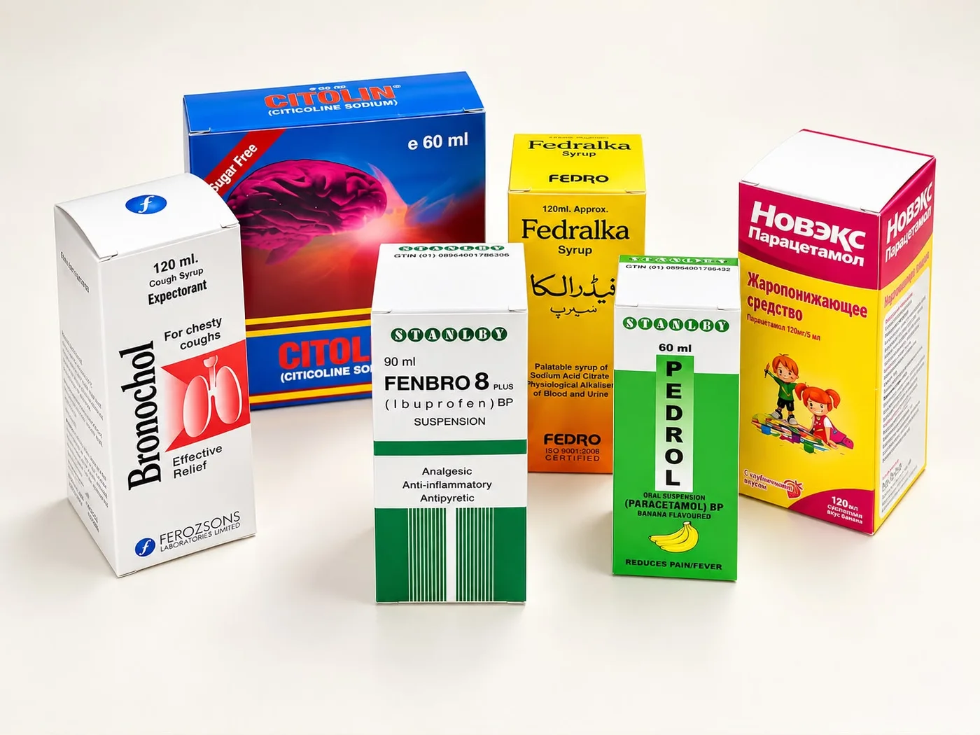 Syrup cartons: Bronochol, Citolin, Fenbro 8, Fedralka, Pedrol and Novex Paracetamol