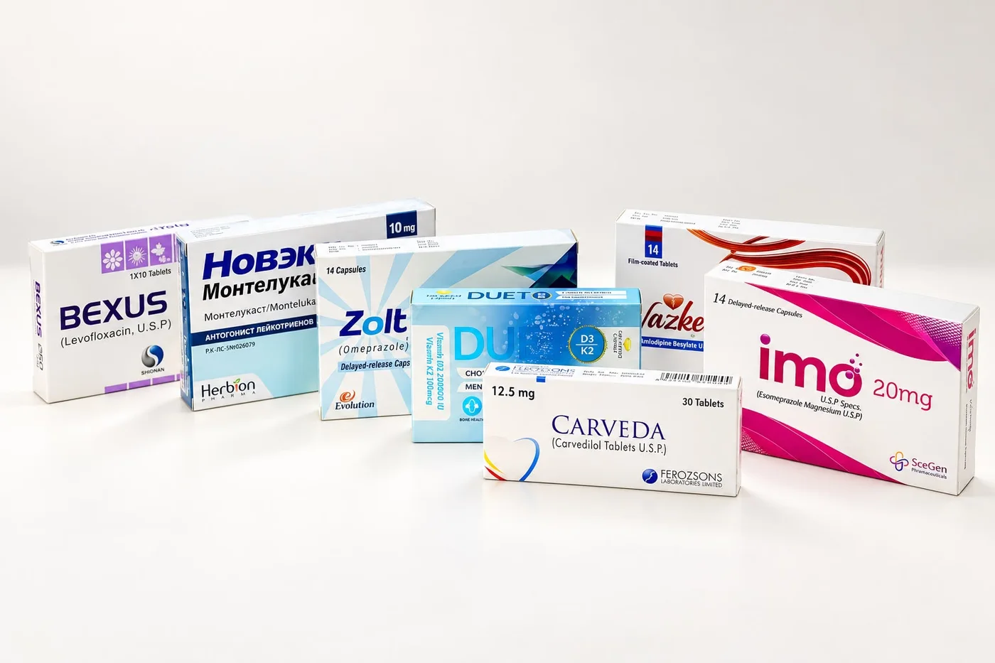 Tablet and capsule cartons: Bexus, Novex, Zolt, Duet, Carveda, Vazkor and Imo