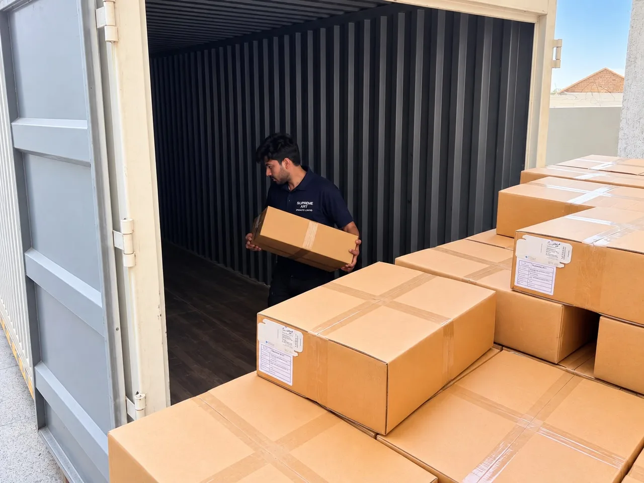 Worker loading labelled boxes into a shipping container.