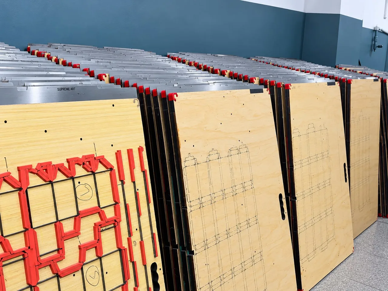 Rows of Supreme Art cutting dies stored upright in racks.