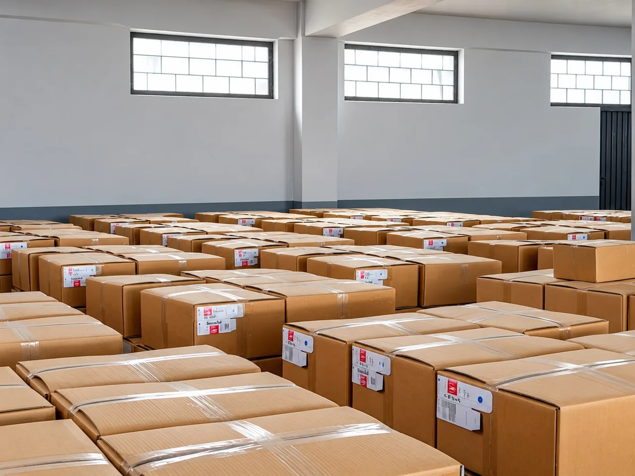Rows of labelled, sealed shipping boxes in the finished-goods store.