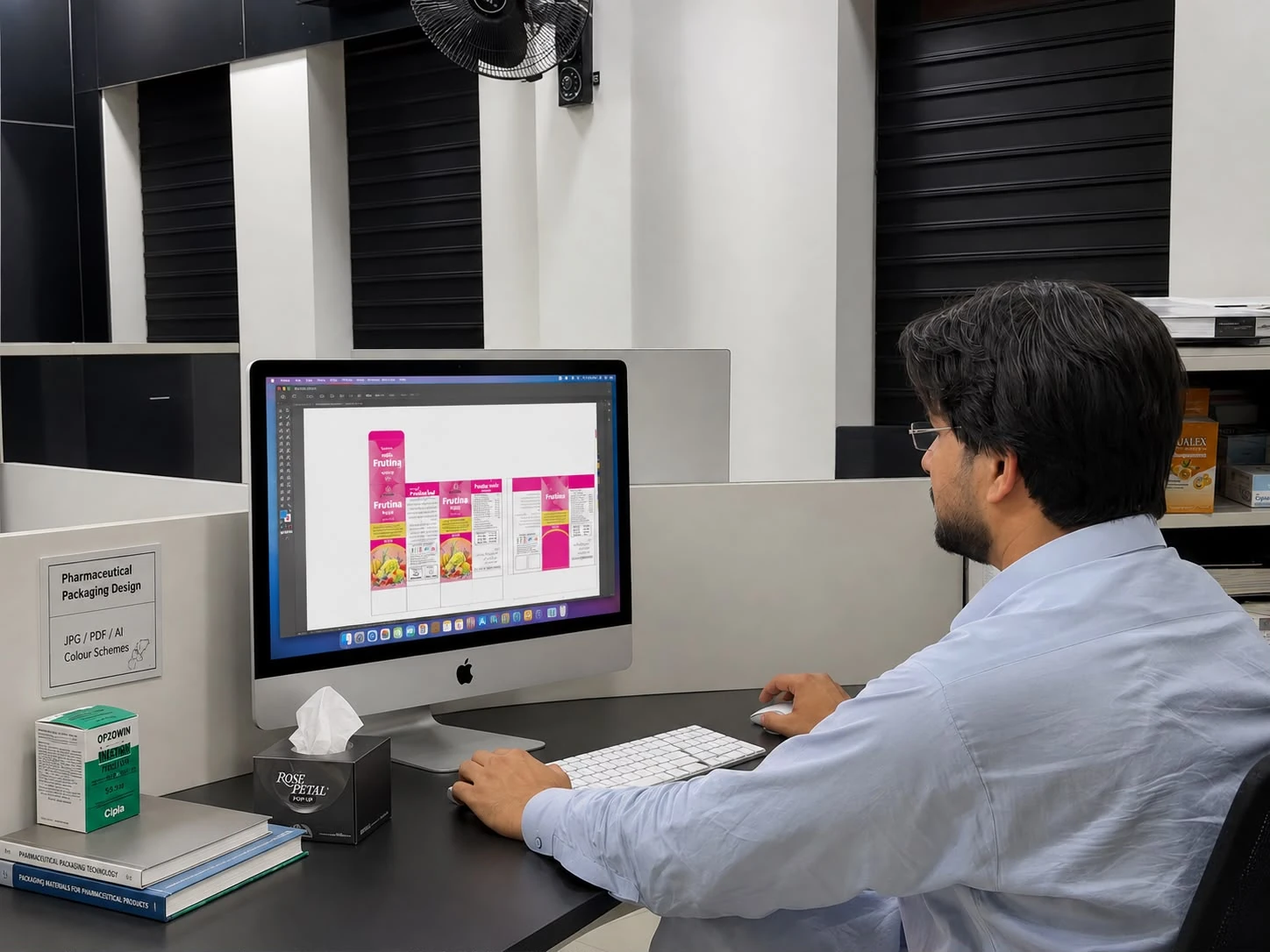 Designer working on packaging artwork at an iMac.