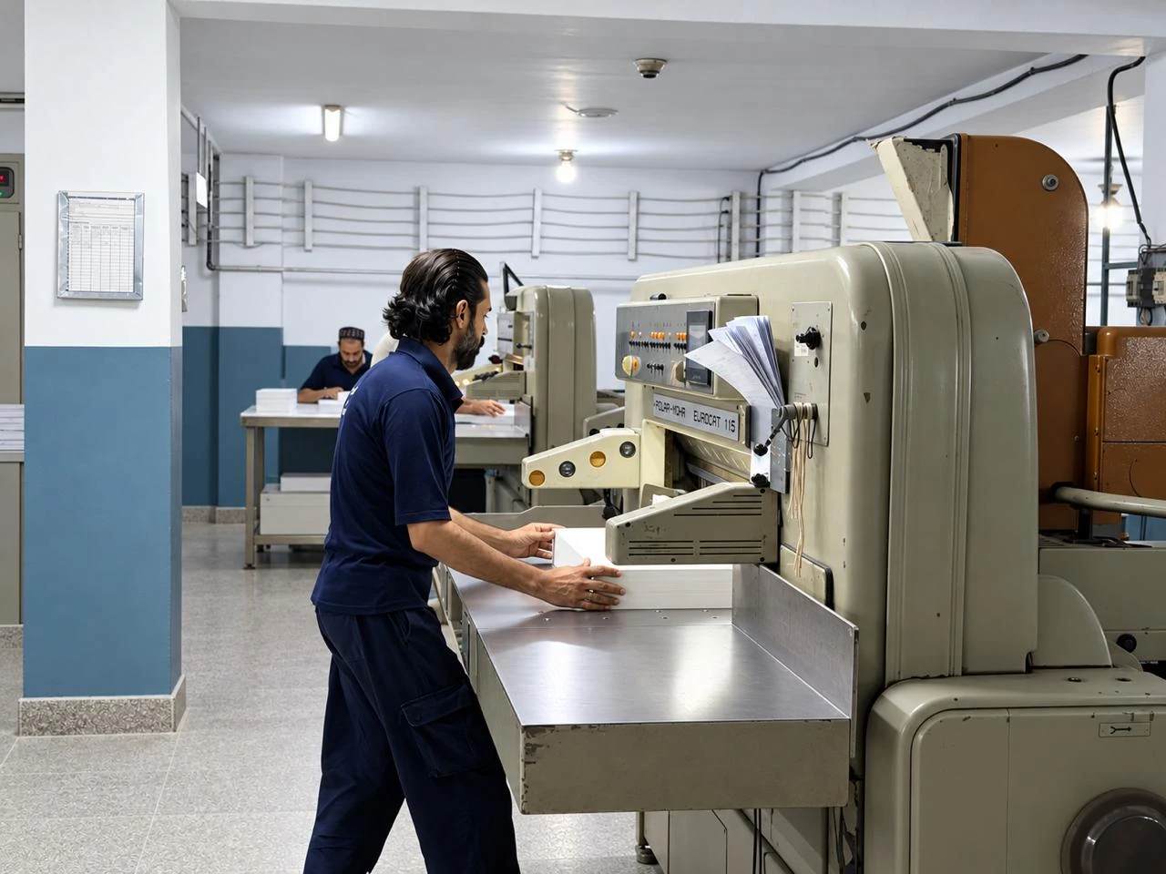 Operator aligning paperboard at a guillotine cutter.
