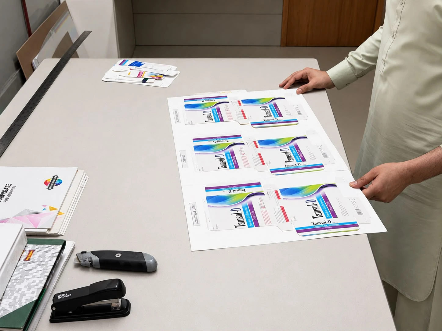 Printed carton layouts being reviewed on a worktable.