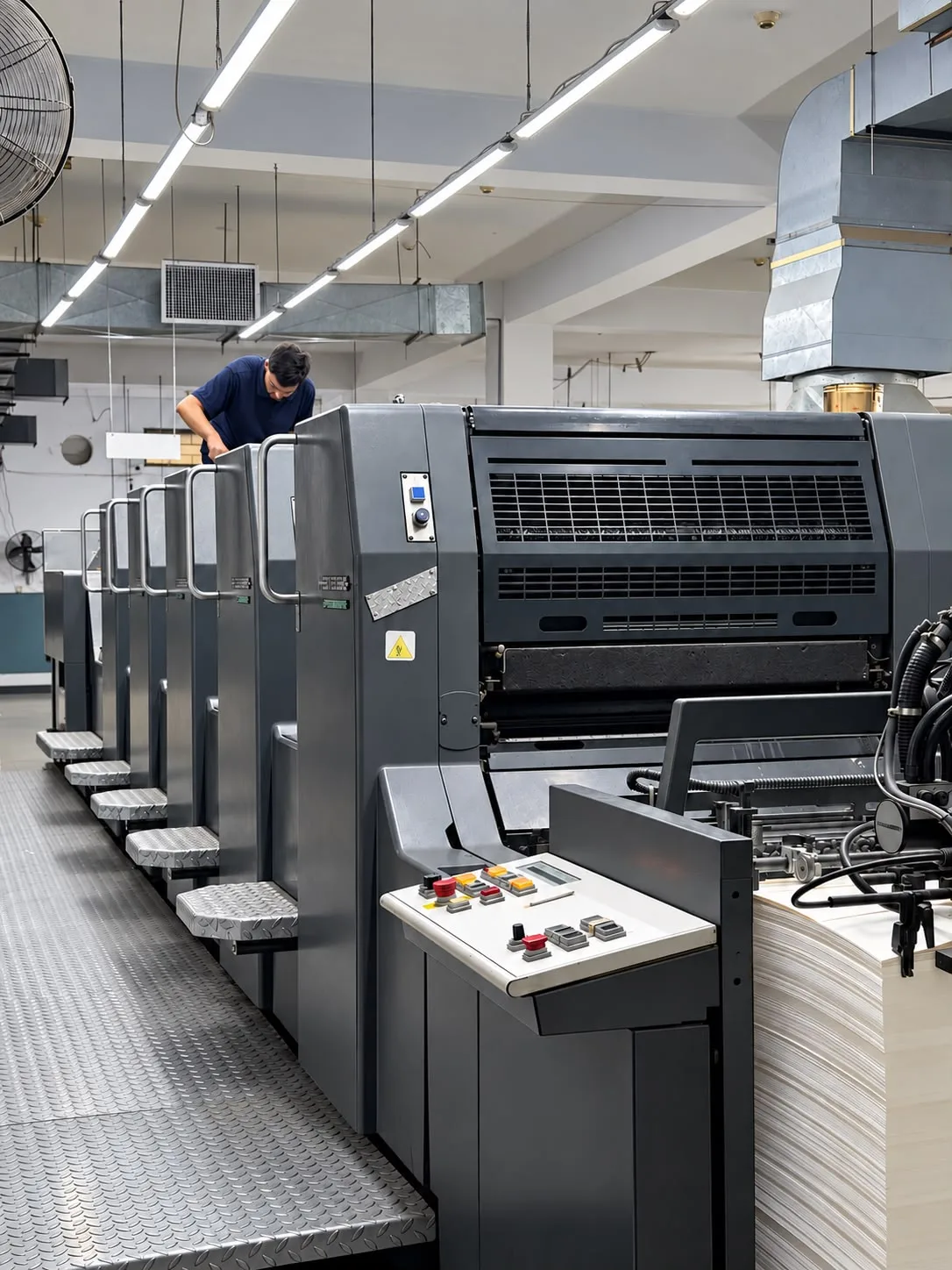 Multi-colour offset press line with a stack of paperboard at the feeder.