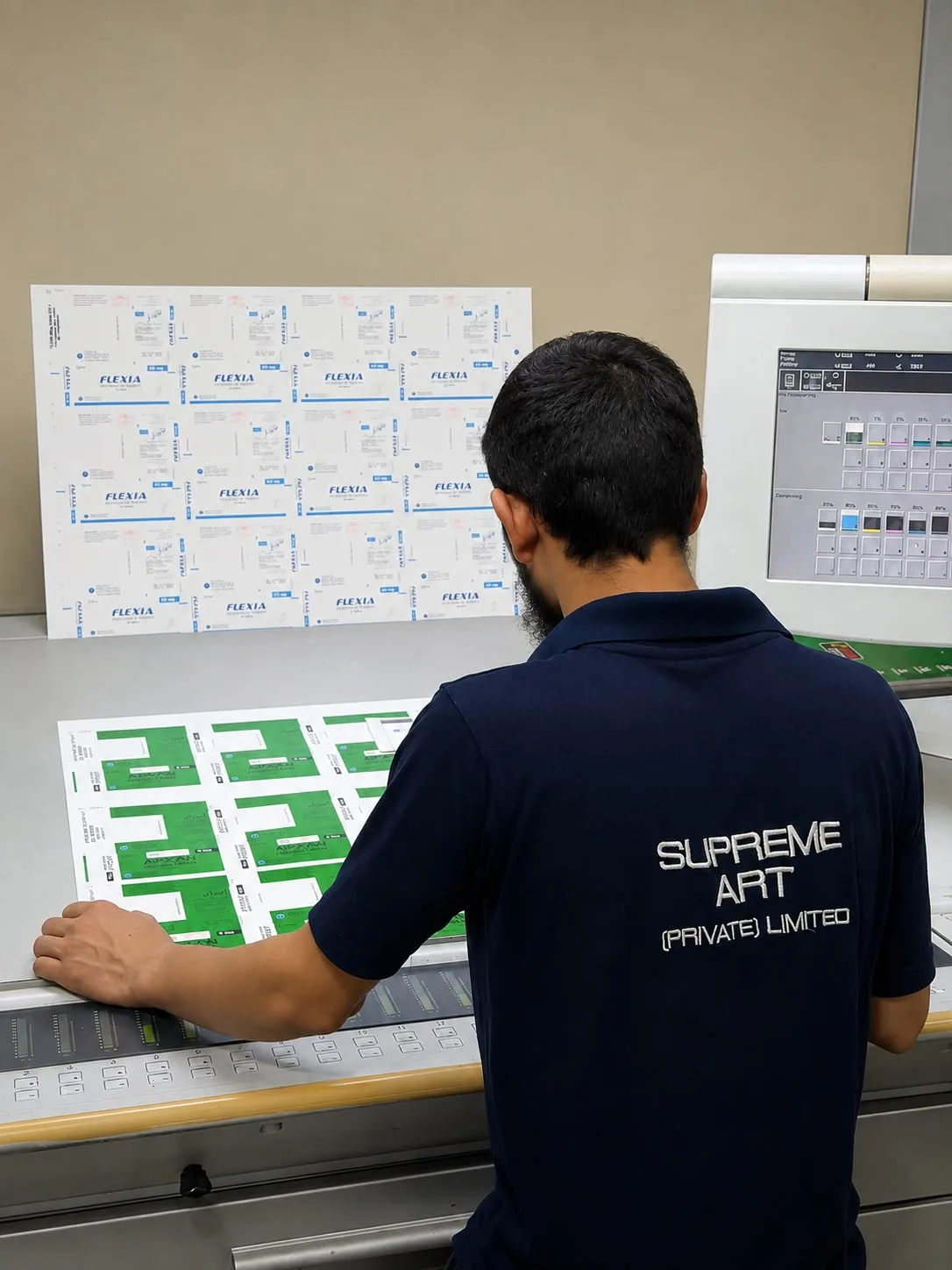 Operator comparing a printed sheet with the approved proof at the press console.